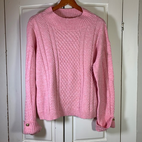 Talbots Sweaters - Talbots Pink Cable Knit Mock Neck Sweater with Button Cuff Detail Womens Large